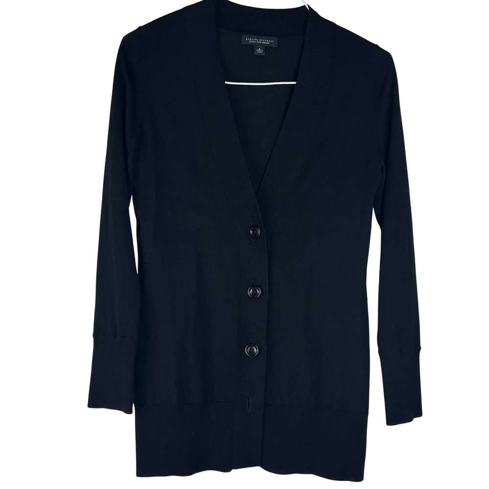Banana Republic Cardigan Sweater Womens S Black Merino Wool V-Neck Longline Knit